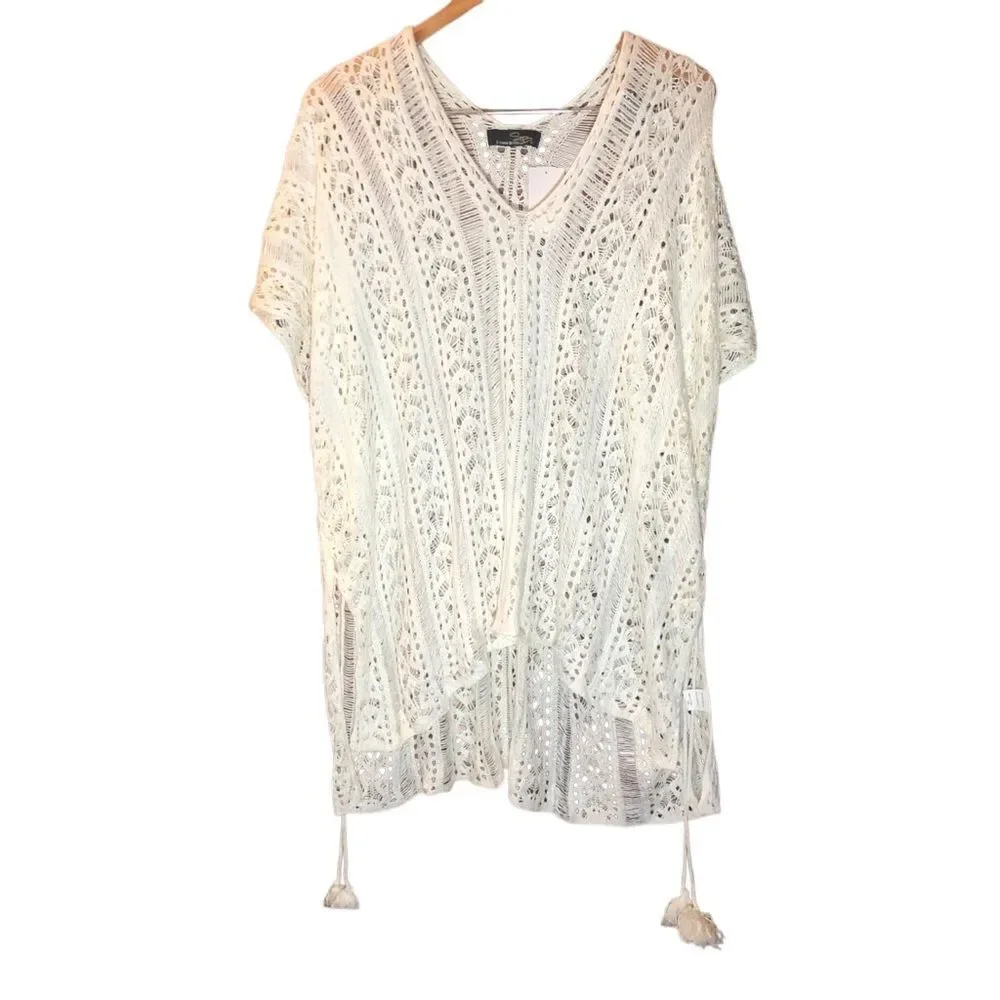 Suzanne Betro White Crochet Swim Coverup with Tassels